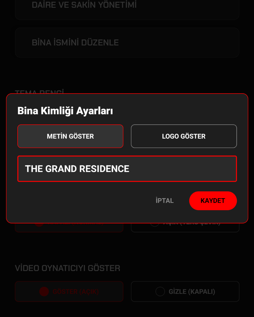Bina ismi ve başlık düzenleme arayüzü